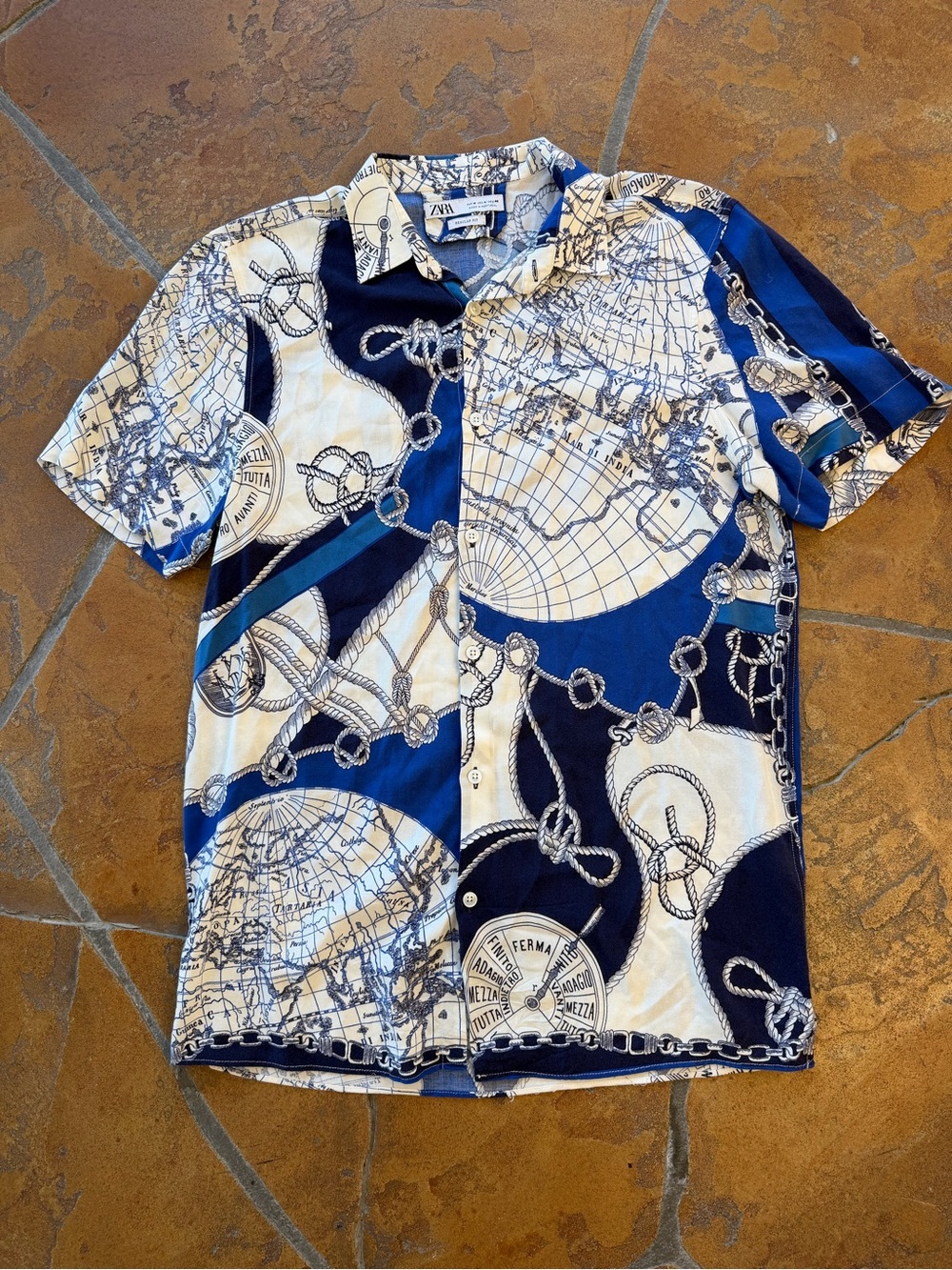 ZARA Men’s Blue & White Nautical Print Short Sleeve Shirt- M